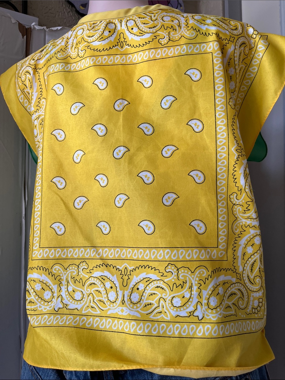 Yellow Paisley Bandana Print Silk Top with green God bless America and yellow